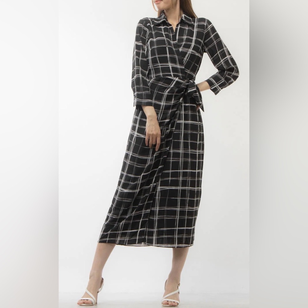 NWT Calvin Klein Black and White Plaid Midi Shirt Dress Size 4 Reg.$129.50